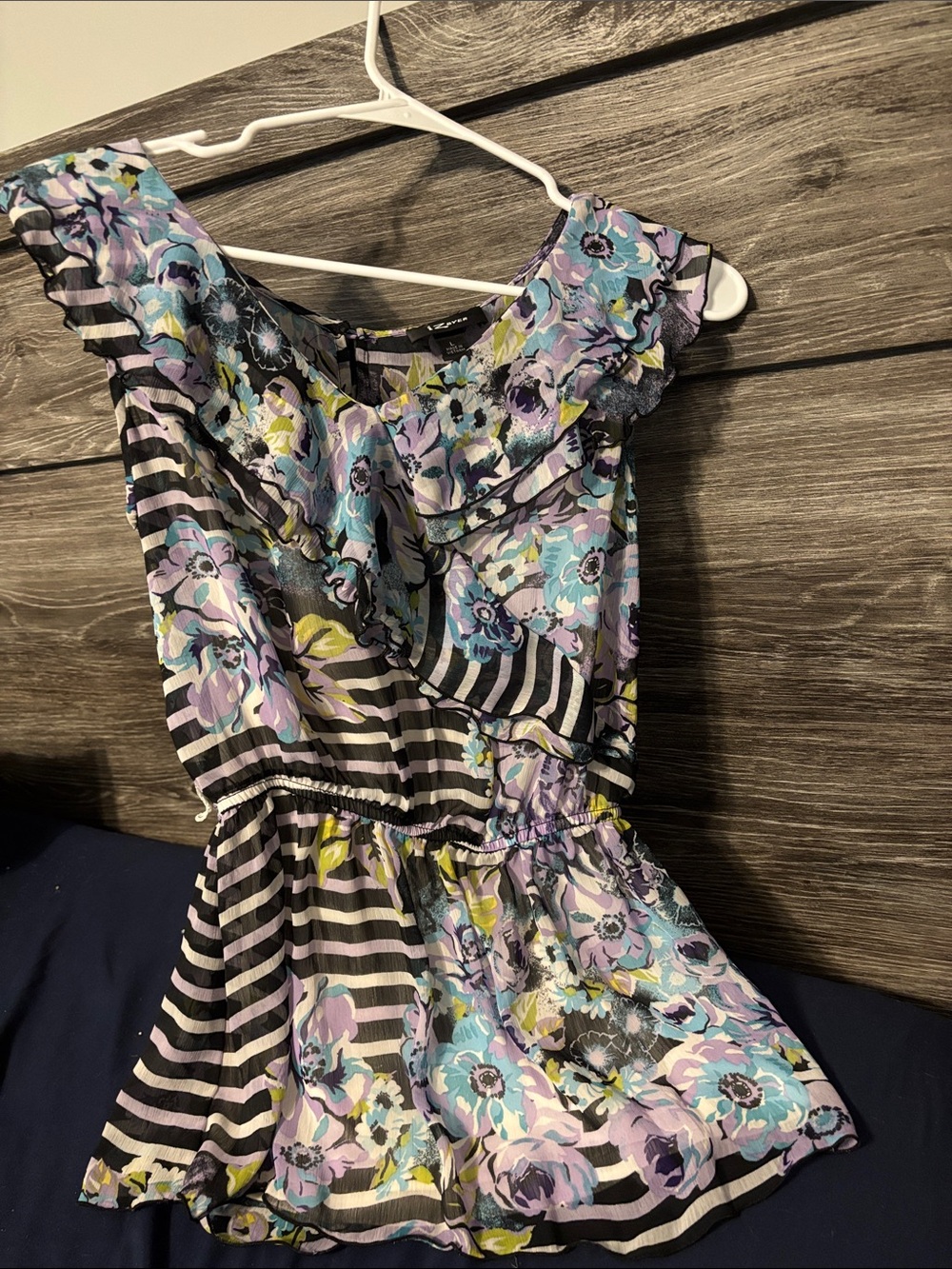 Iz Byer Lavender, Blue & Black Floral Blouse